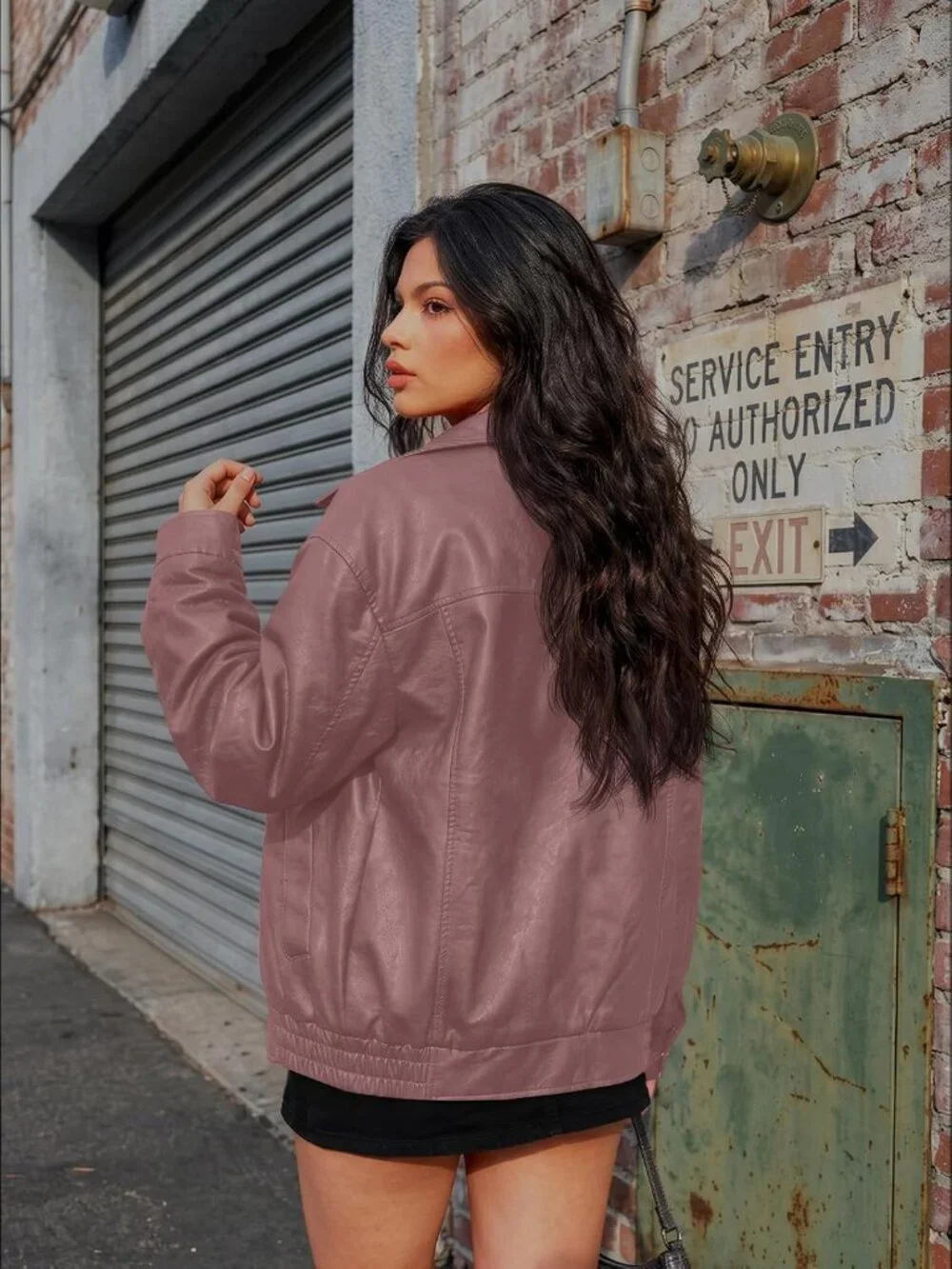Women's Pink Oversized Faux Leather Loose Weight Fall Winter Outerwear Jacket